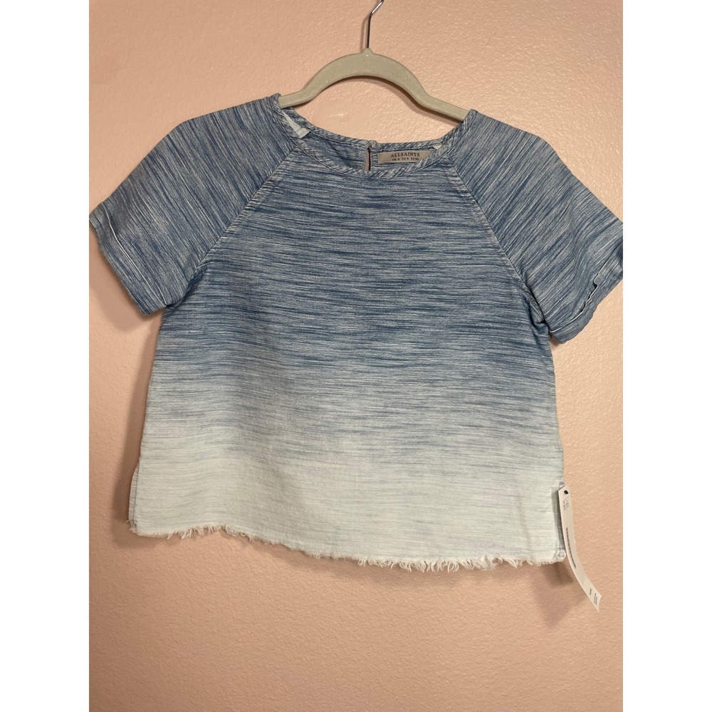 AllSaints Jina Tee Blue Ombre Dip Dye Cotton Crop Top Raw Hem‎ Womens US 4